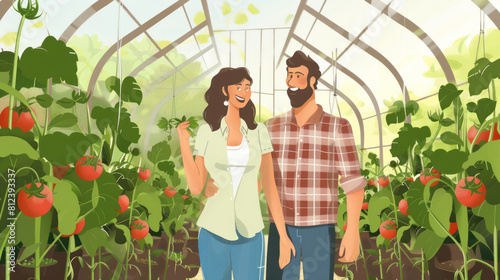 Successful farm family, couple engaged in growing of organic vegetables in hothouse, tomato. photo