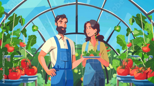 Successful farm family, couple engaged in growing of organic vegetables in hothouse, tomato. photo
