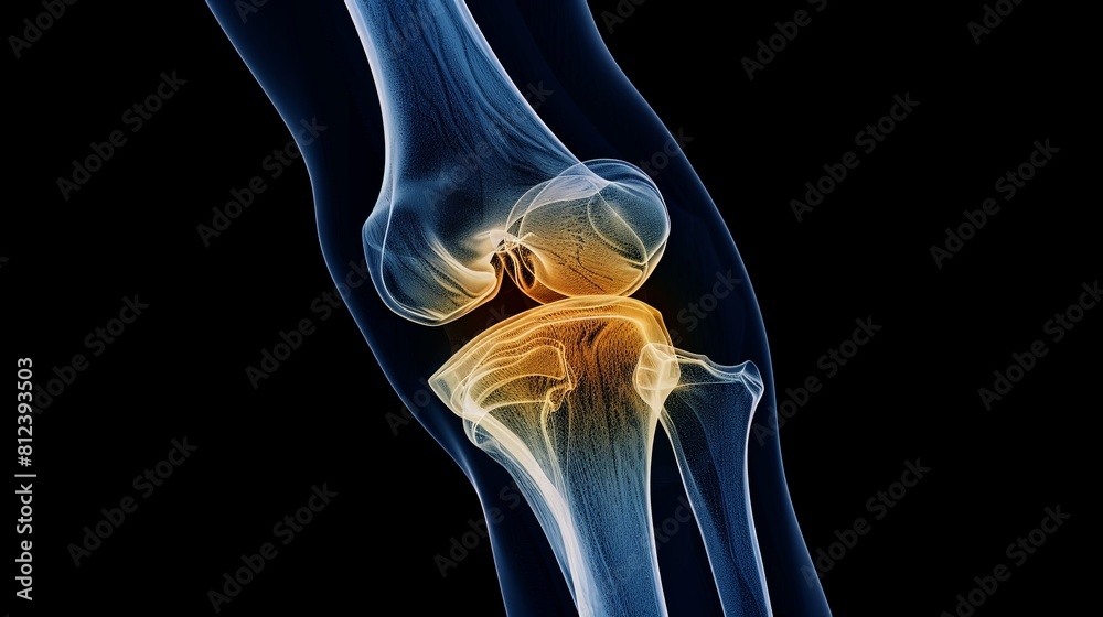 An X-ray blue of a knee with the knee joint highlighted in red ,MRI ...