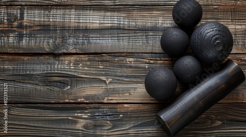 Black foam rollers massage balls set against a rustic wooden backdrop for myofascial release therapy photo