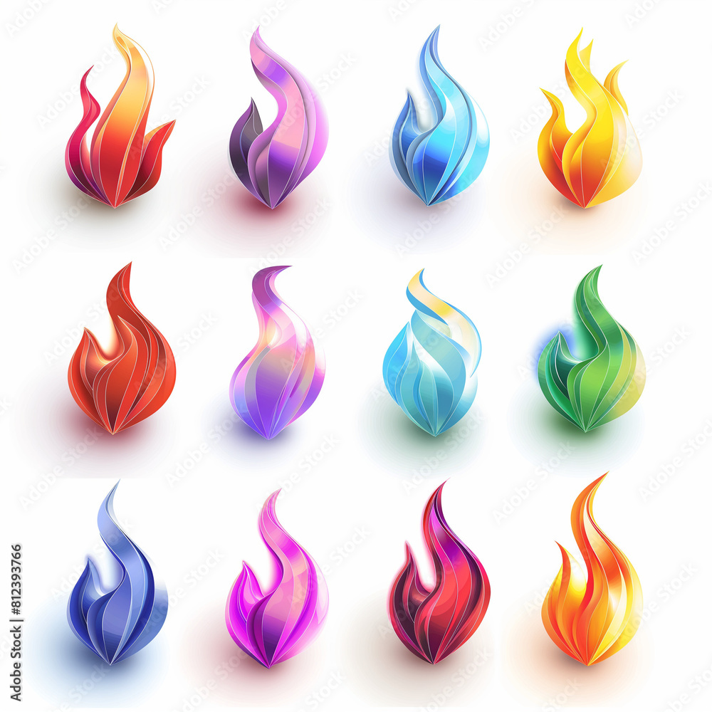 Set of 3D flame icons, each a different shade of the rainbow, displayed on a white background. The flames have a soft, matte finish and are modeled with a light shadow to create depth. Created Using: Set of 3D flame icons, each a different shade of the rainbow, displayed on a white background. The flames have a soft, matte finish and are modeled with a light shadow to create depth. Created Using: