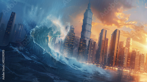 Tsunami Wave Approaching City Skyline. Disaster Concept. Large tsunami wave threatening a coastal city with skyscrapers  depicting the destructive power of natural disasters.