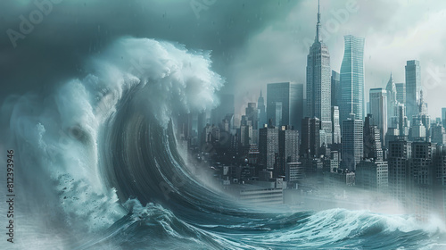 Tsunami Wave Approaching City Skyline. Disaster Concept. Large tsunami wave threatening a coastal city with skyscrapers, depicting the destructive power of natural disasters. photo