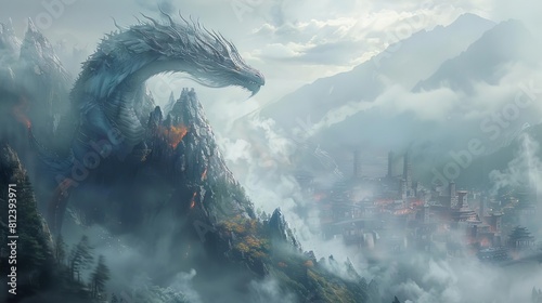 A fantasy artwork of a mythical creature whose breath purifies air, standing atop a mountain overlooking a smoggy city