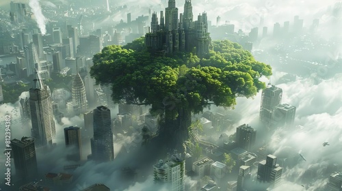 A fantasy depiction of a giant air purifier shaped like a tree, its branches clearing the pollution from a city photo