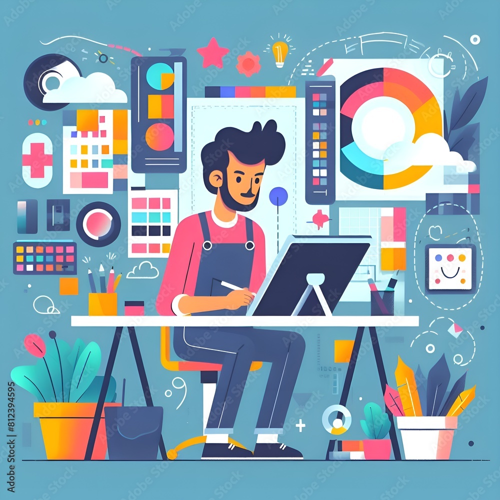 An artistic workspace with a designer using a graphics tablet, a vivid illustrated scene An artistic workspace with a designer using a graphics tablet, a vivid illustrated scene