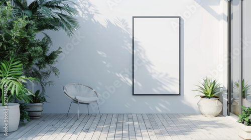 White Patio with Plants and Frame Mockup. A serene white patio with a wooden deck  potted plants  and a blank frame mockup on the wall  perfect for showcasing artwork or photography.
