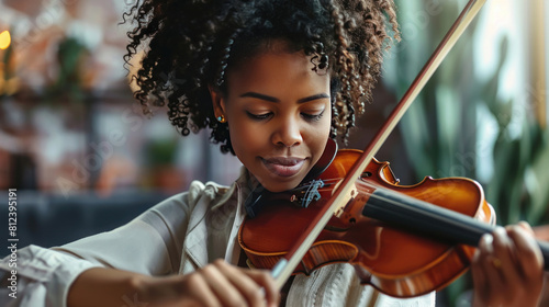 Young woman learning to play violin at home. Romantic african american girl playing violin.
