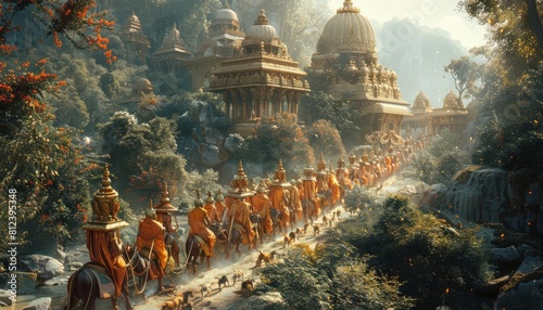 A fantasy Rath Yatra in a magical forest, with mythical creatures participating in the procession photo