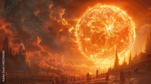 A fantasy scene where the sun is a giant glowing orb held aloft by statues, channeling solar energy to the ground below photo