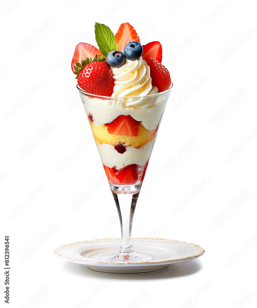 苺とブルーベリーとクリームの豪華なパフェ風デザート 白背景の切り抜き 苺とブルーベリーとクリームの豪華なパフェ風デザート 白背景の切り抜き