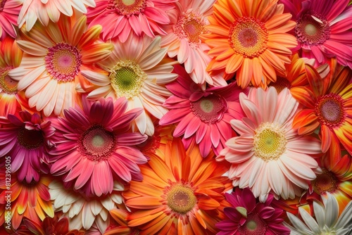 A colorful array of Gerbera daisies in shades of pink  orange  and yellow  densely packed to fill the entire image.