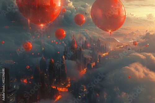 A fantasy scene where urban citizens use balloons to float above a fog of pollution, escaping the toxic ground level photo