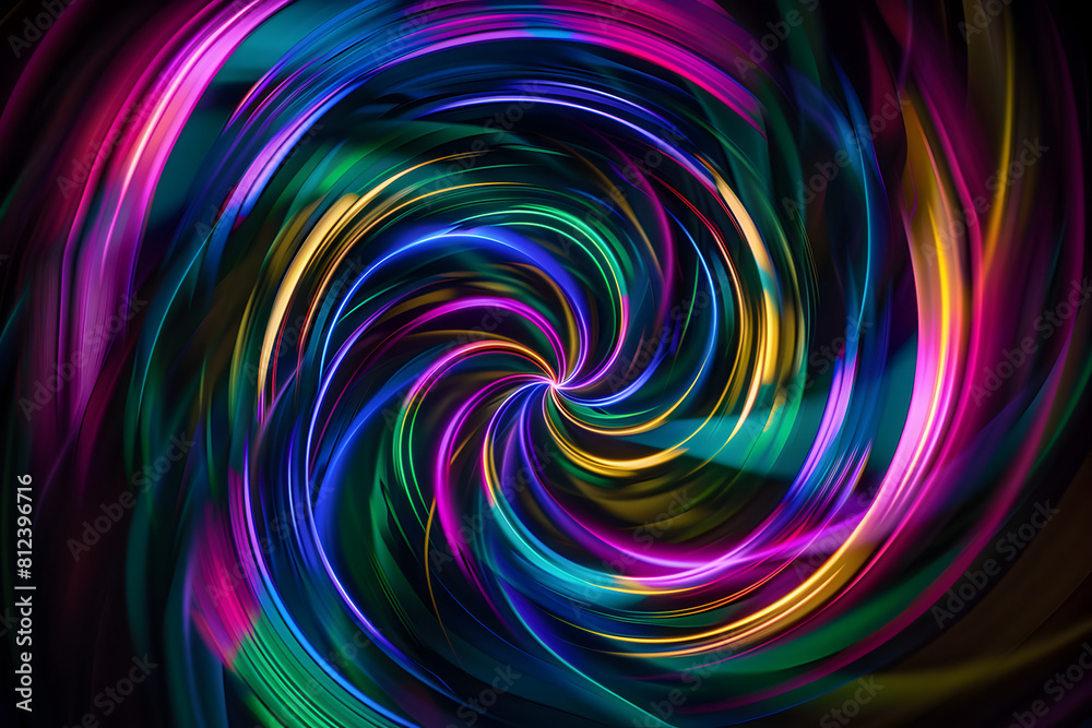 Whirling neon swirls in a kaleidoscope of vibrant colors and intricate patterns. Hypnotic artwork on black background.