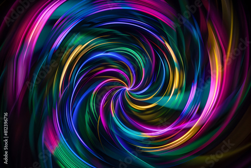 Whirling neon swirls in a kaleidoscope of vibrant colors and intricate patterns. Hypnotic artwork on black background.