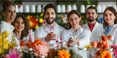 Doctors in white coats smile behind table with pills  colorful flowers in background