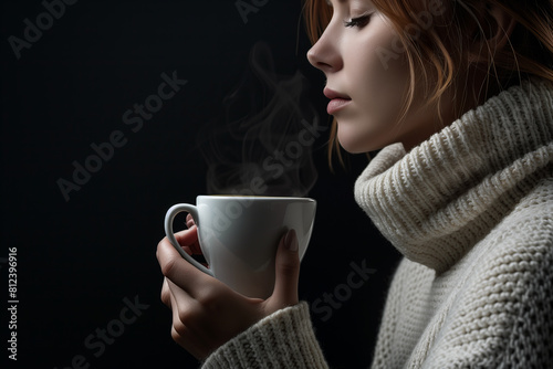 Woman savors aroma of hot coffee, holding cup, wearing white turtleneck, closeup side profile portrait