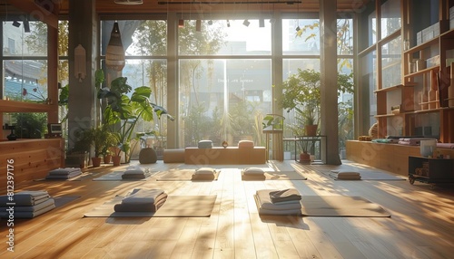 Portray a yoga studio bathed in natural light, where practitioners engage in mindful movement and meditation to promote wellness