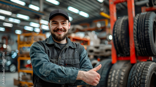 Smiling mechanic showing thumbs up with car tire in th