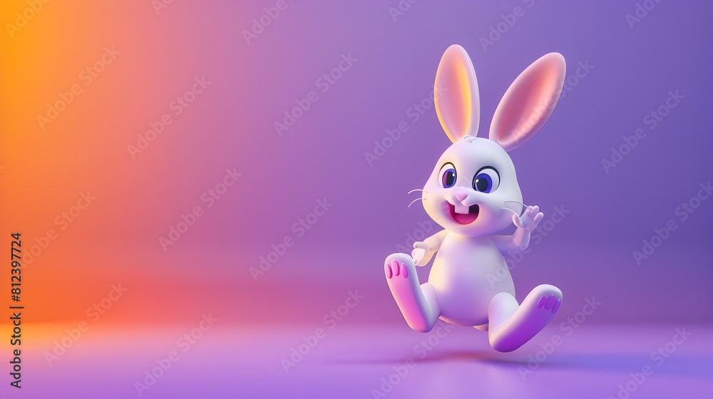 Obraz premium Joyful Cartoon Bunny Hopping on Vibrant Gradient Background in 3D Render