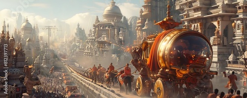 A futuristic Rath Yatra with robots pulling the chariot through a cyberpunk cityscape photo