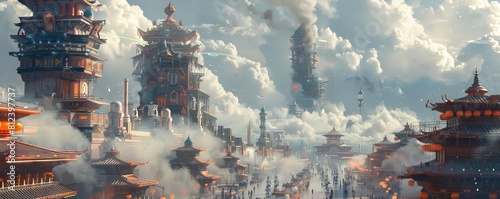 A futuristic Rath Yatra with robots pulling the chariot through a cyberpunk cityscape photo