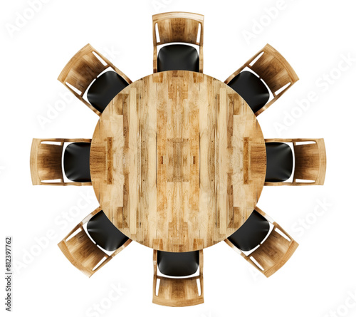 Top view of Round wooden dining table with chairs on transparent background