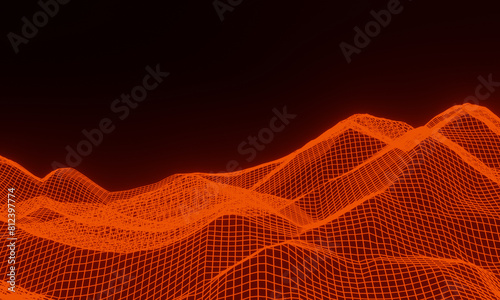 3D abstract grid neon topography. red mesh terrain.