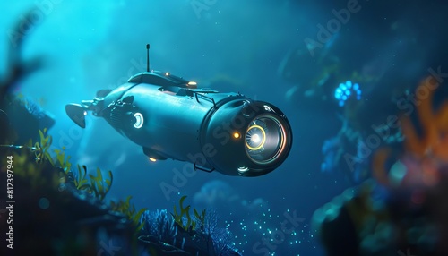 A futuristic underwater drone designed to filter microplastics from the sea, illustrated in a deepsea environment photo