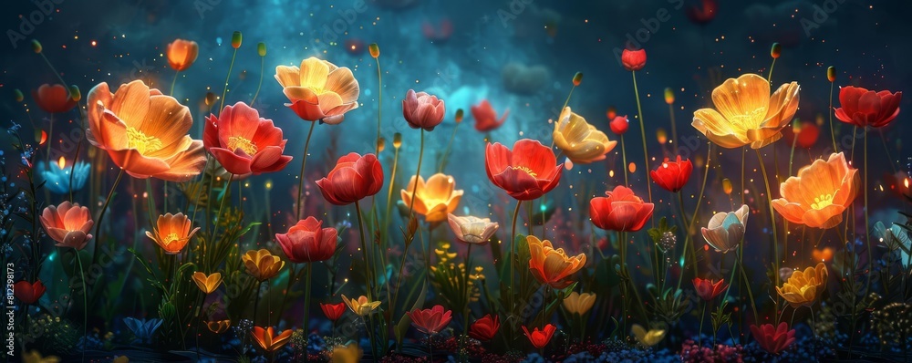 A garden scene where each flower is a light bulb, varying in intensity according to the time of day