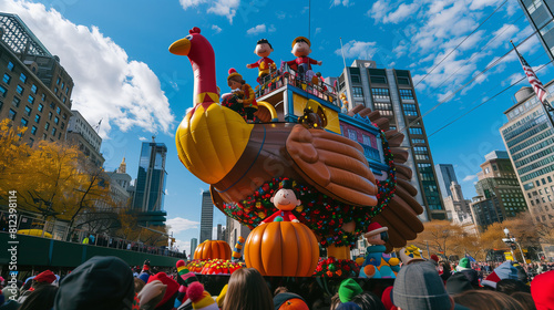Giant turkey balloon floats amidst skyscrapers, leading Macy's Thanksgiving Day Parade with festive pumpkin