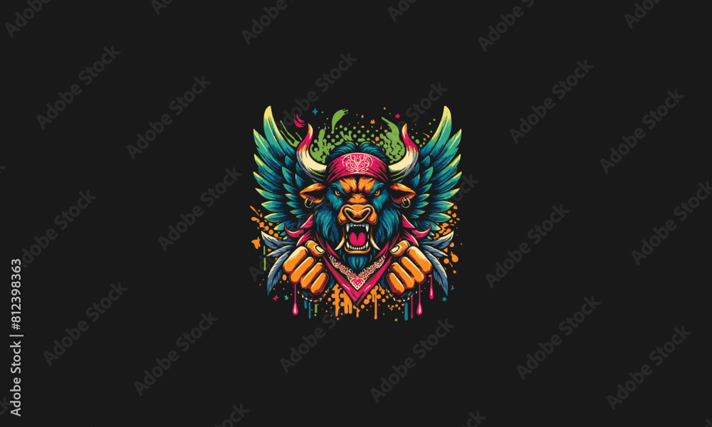 head bull angry with wings and bandana vector artwork design head bull angry with wings and bandana vector artwork design