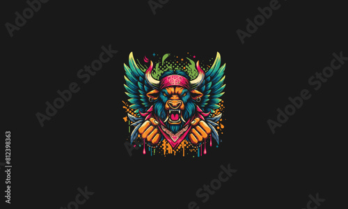 head bull angry with wings and bandana vector artwork design