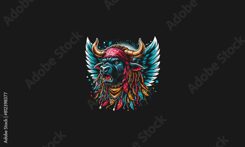 head bull angry with wings and bandana vector artwork design