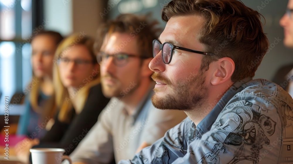 Close-up of a Presentation Leader Addressing Attentive Colleagues in a Corporate Meeting Close-up of a Presentation Leader Addressing Attentive Colleagues in a Corporate Meeting