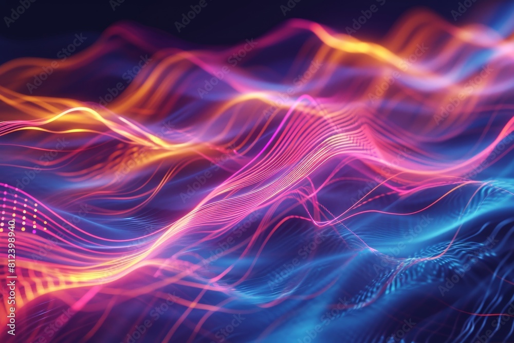 Neon Waves, Energy Light Lines Flow, abstract background with pink blue glowing neon lines and bokeh, AI generated
