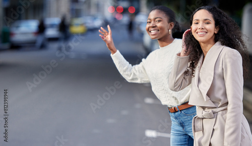 Woman, hailing and street with friends in city, transport and commute with people in urban downtown for taxi. Tourism, travel and calling for cab, outdoor and tourist with hand gesture or wave