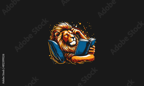 lion relax reading book vector illustration logo design
