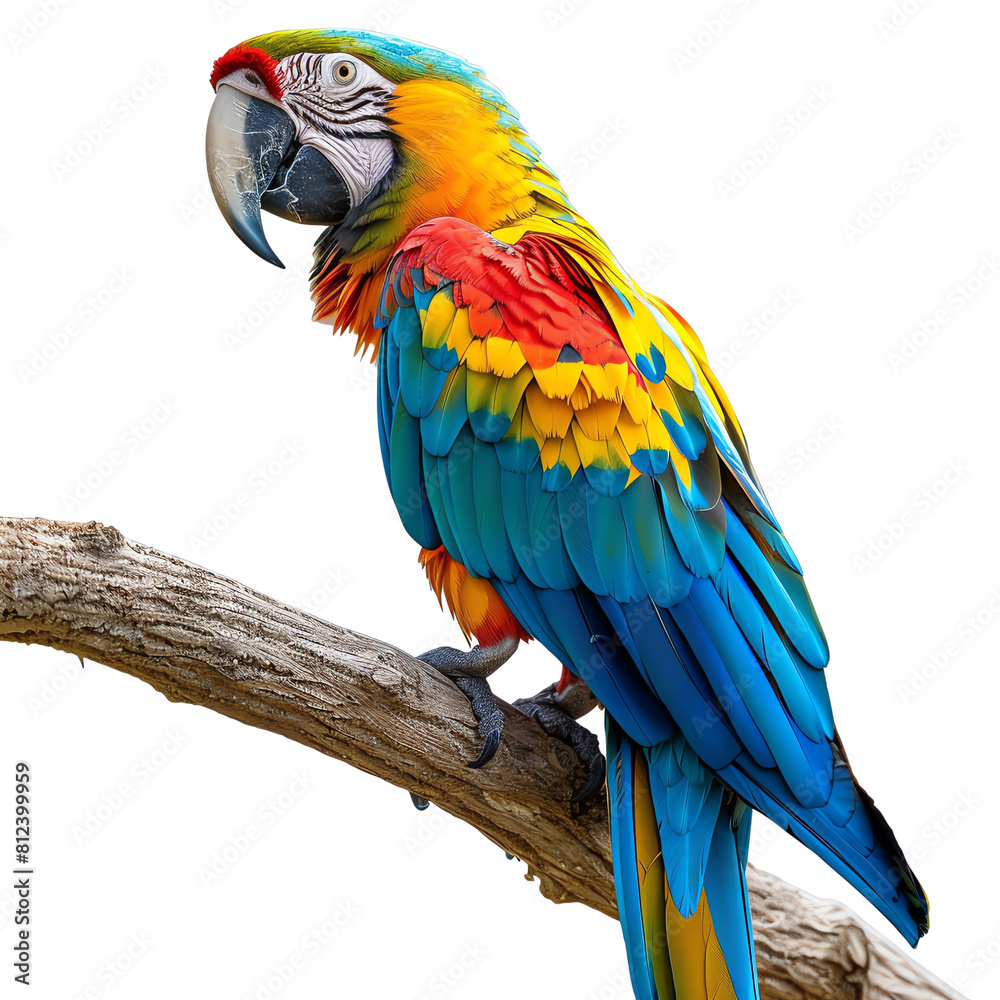 A beautiful parrot with blue, yellow, and red feathers is sitting on a branch.