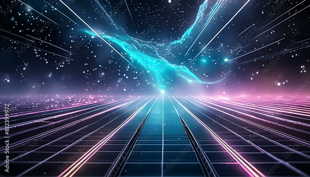 	
Synthwave vaporwave retrowave cyber background with copy space, laser grid, starry sky, blue and purple glows with smoke and particles.