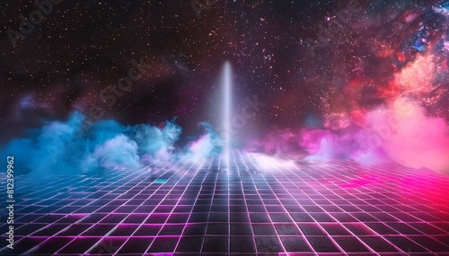  Synthwave vaporwave retrowave cyber background with copy space, laser grid, starry sky, blue and purple glows with smoke and particles.