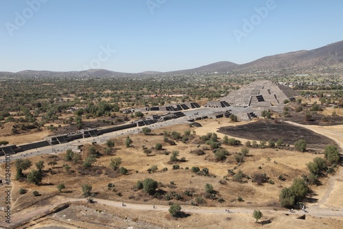 Panoramic view. Aztec pyramid complex at Teotihuacan near Mexico City