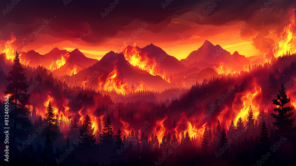 Forest fire scene in the mountains