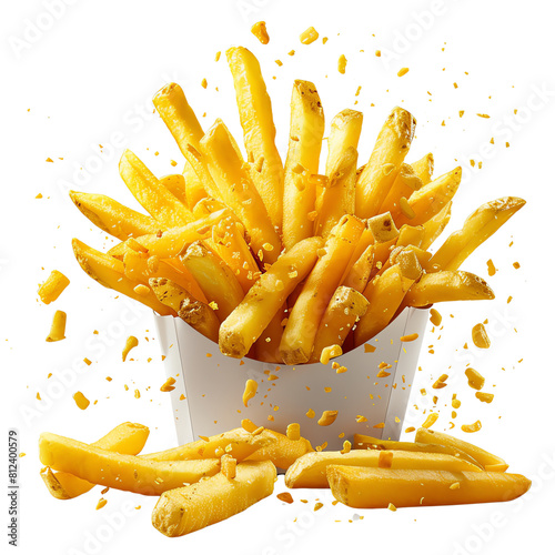 A photo of a serving of french fries in a white container with a sprinkling of grated cheese.