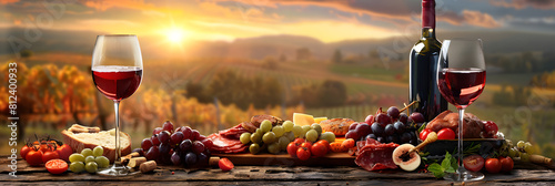 Elegant wine tasting set at sunset vineyard