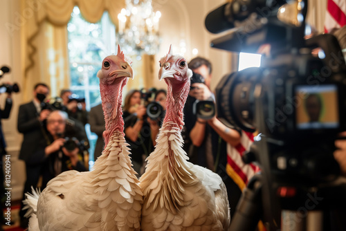 Two majestic turkeys strut at a reception house press conference amid applause, adorned with red crowns, evoking Macy's Thanksgiving Day spirit photo