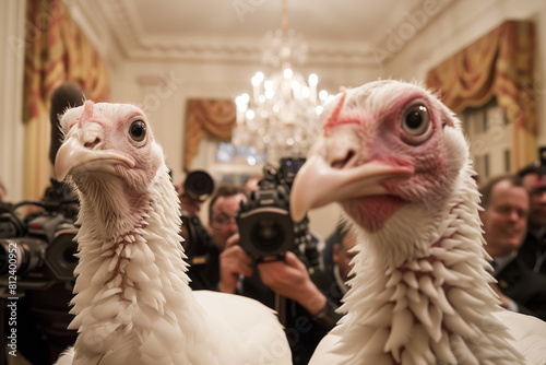 Two majestic turkeys strut at a reception house press conference amid applause, adorned with red crowns, evoking Macy's Thanksgiving Day spirit