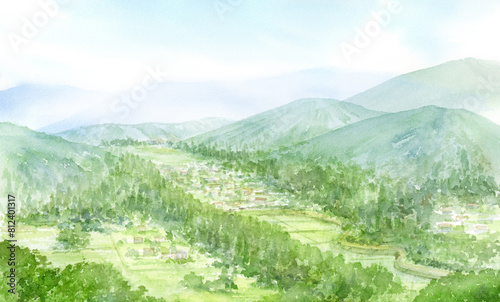 上から見た山奥の風景の水彩画