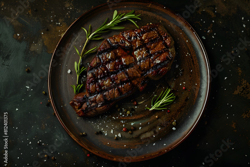 Succulent grilled steak with herbs on plate