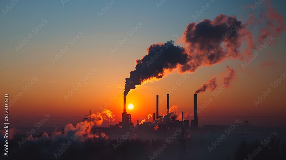 Silhouette of Industrial Chimney at Sunset with Smoke Emissions Highlighting Environmental Concerns Silhouette of Industrial Chimney at Sunset with Smoke Emissions Highlighting Environmental Concerns